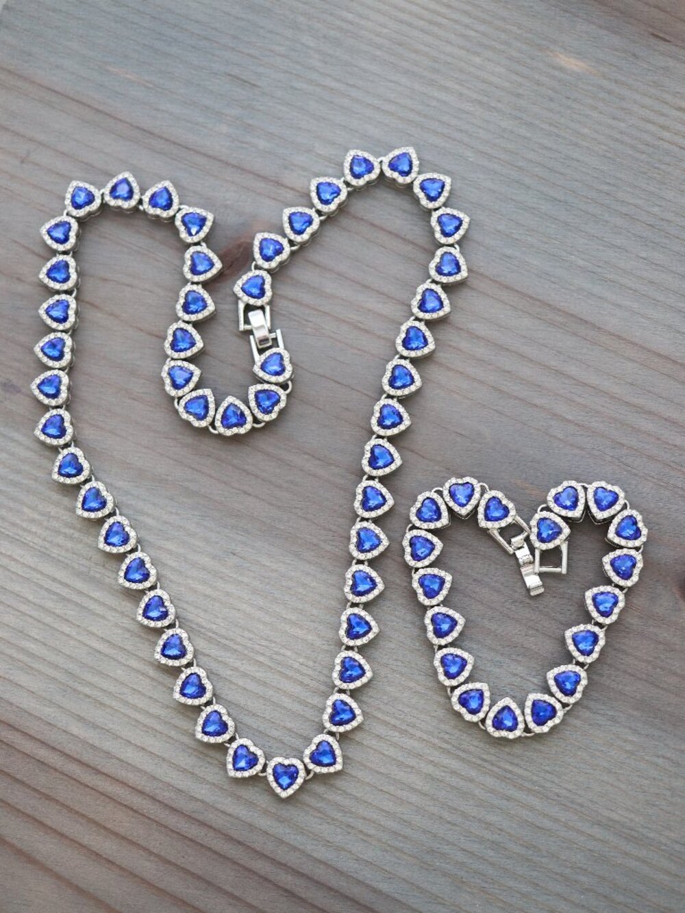 Blue Heart Halo Diamond Chain Tennis Necklace/Bracelet Jewelry Set Silver Plated